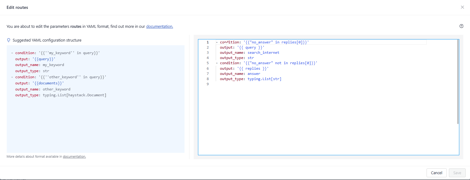 The routes configuration opened