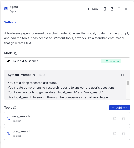 The Agent component card with settings expanded