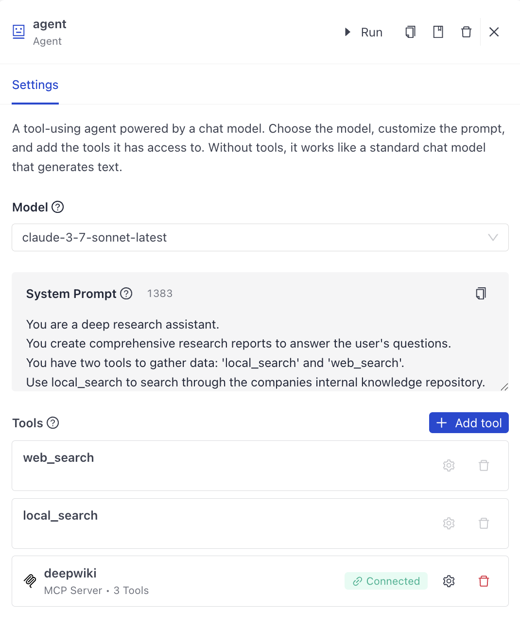 The Agent component with MCP configured