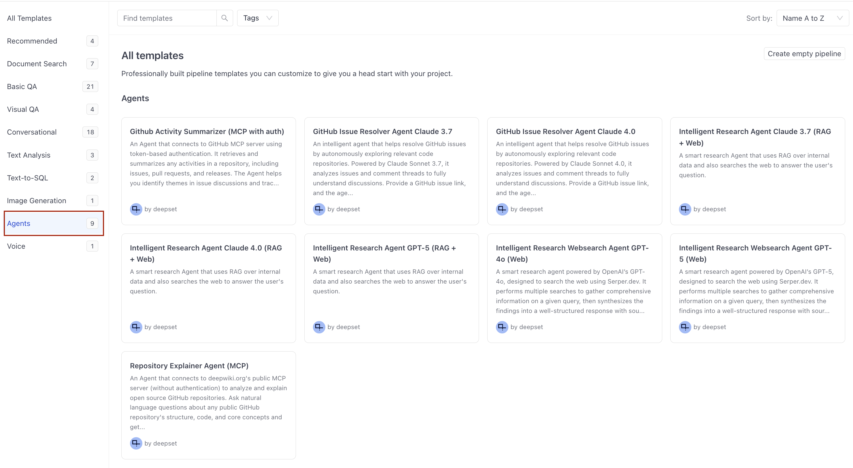 The Agent templates available in deepset AI Platform
