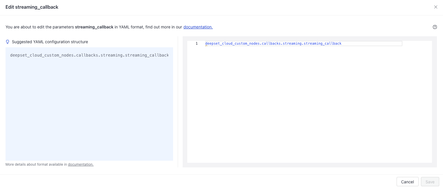 An example of the streaming parameter configuration when opened from the Agent component card.