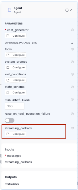 The Configure button under the streaming parameter on the Agent component card