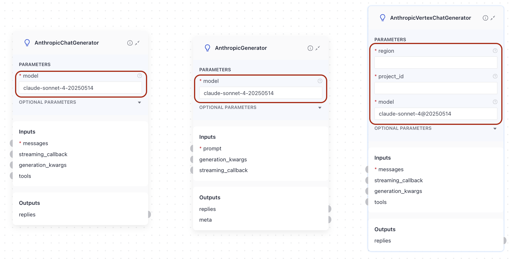The component cards of components using Anthropic models with the model parameter highlighted.