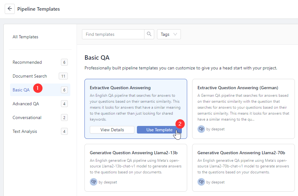 The Extractive Question Answering template on the Pipeline templates page