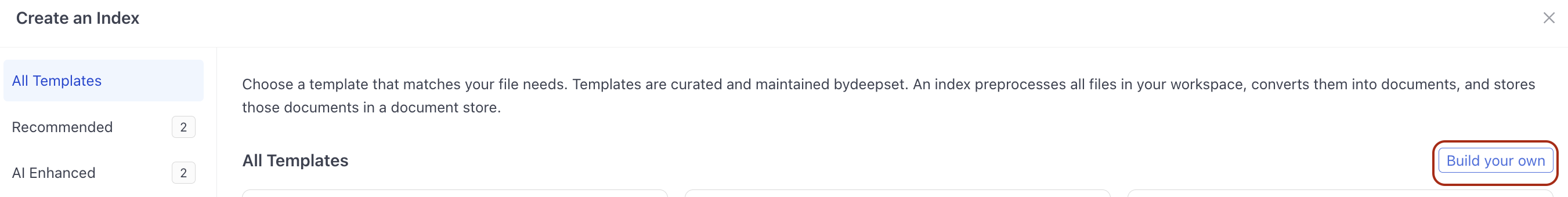 The Build your own index button on the Idexe templates page