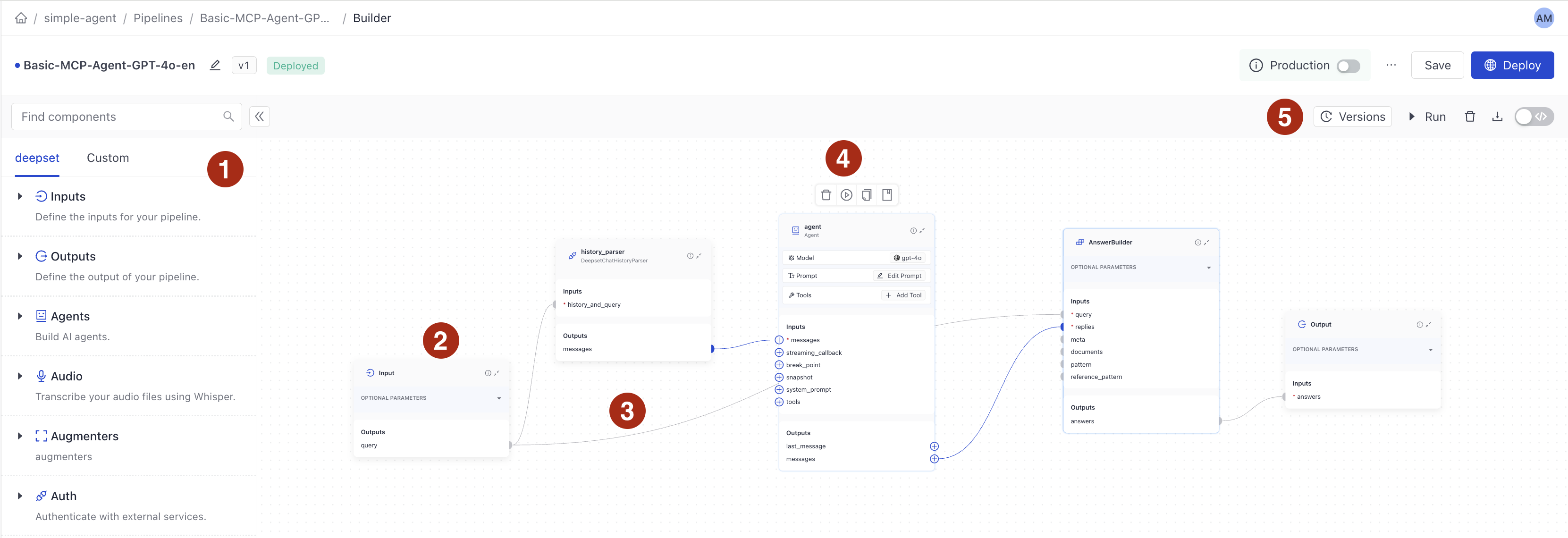 The Builder canvas with component cards and component connections shown and the versions and editor switch buttons