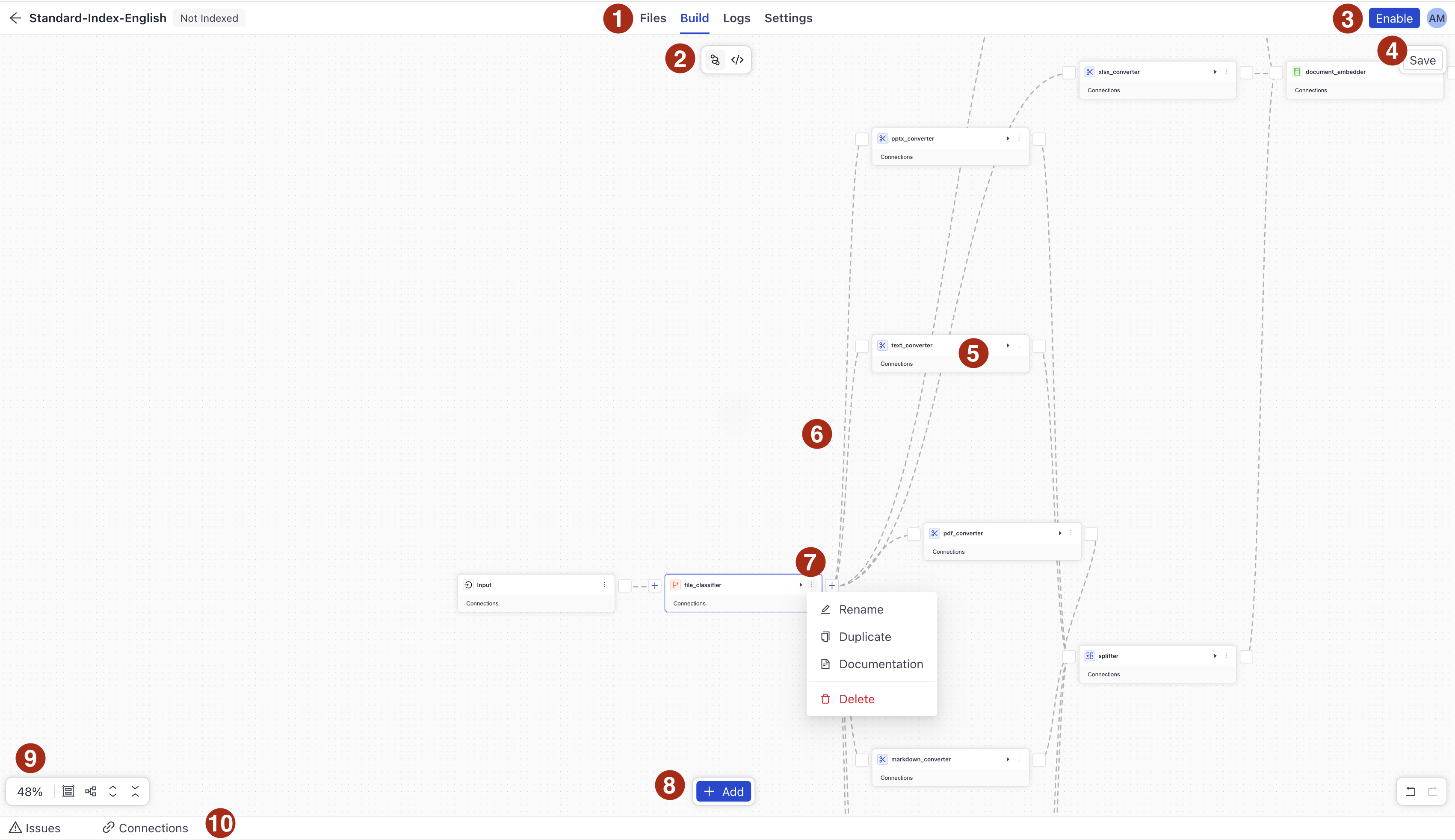 The Builder canvas with component cards and component connections shown and the versions and editor switch buttons