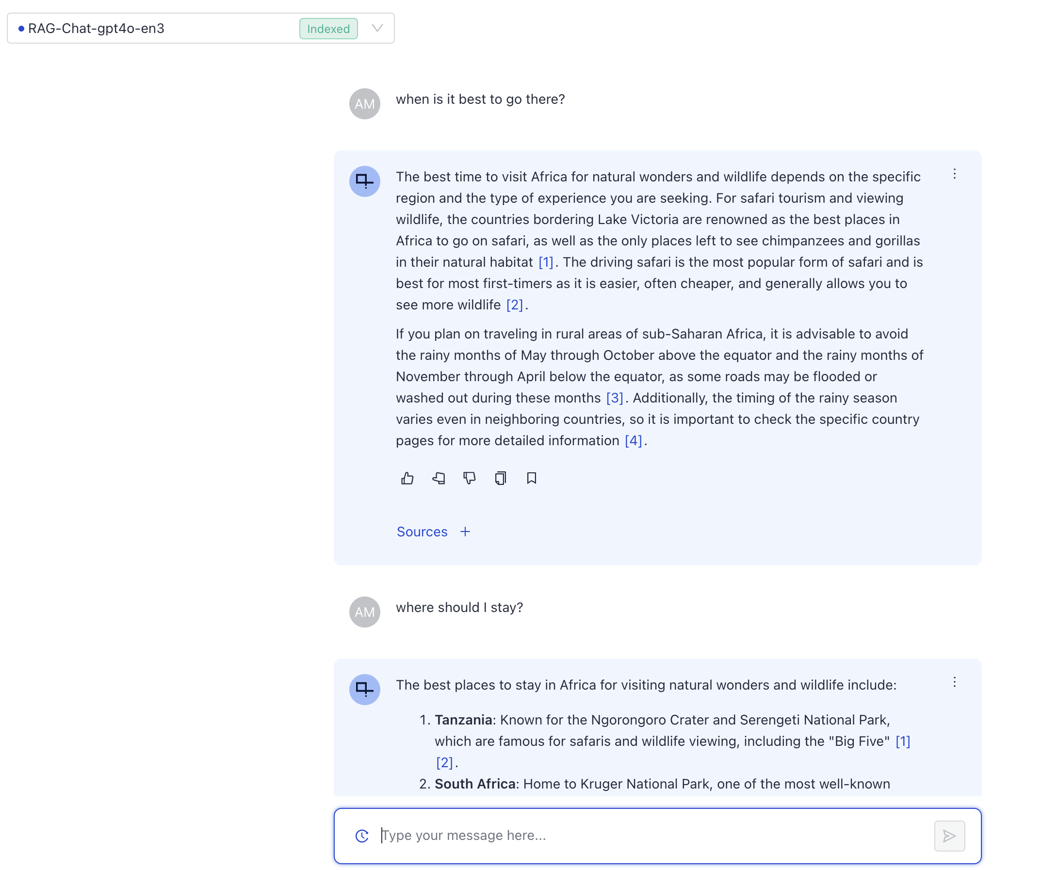 Chat pipeline in Playground with a conversation ongoing. The whole conversation shows on the screen and the query input field is at the bottom.