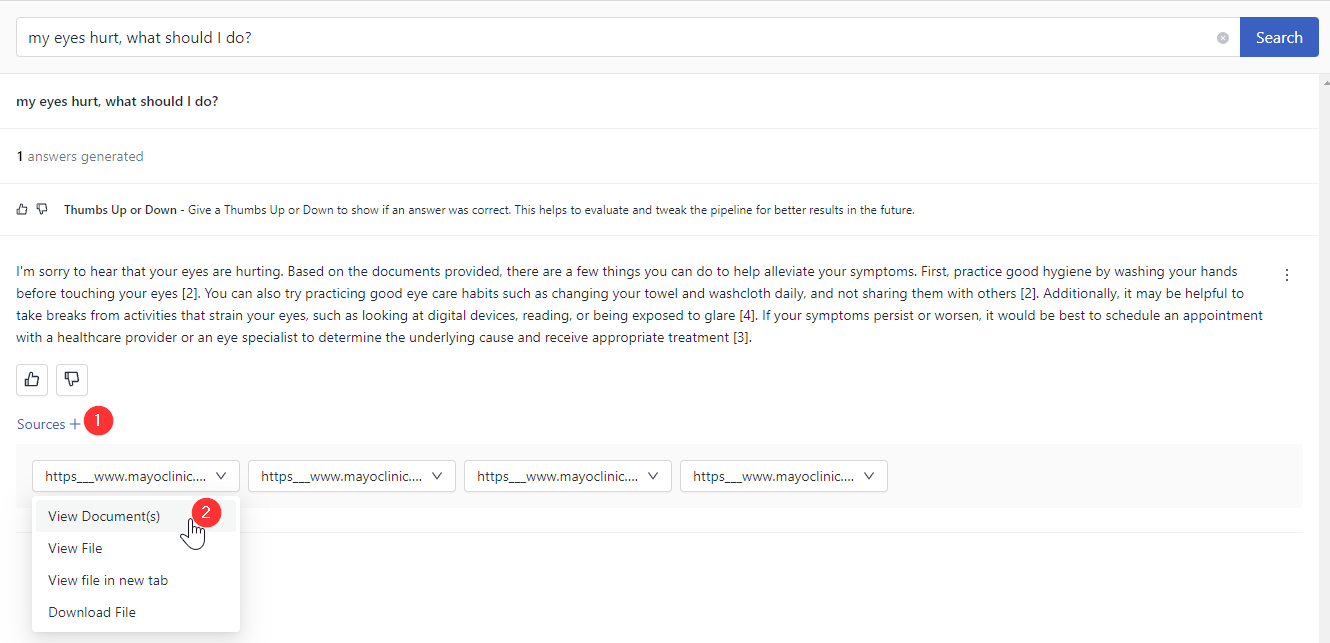 The answer to the query with the Sources section expanded