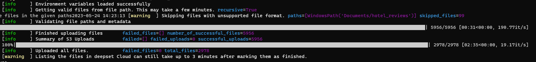 Subsequent info messages informing that the upload of 5956 files was successful and that 2978 files are listed in deepset