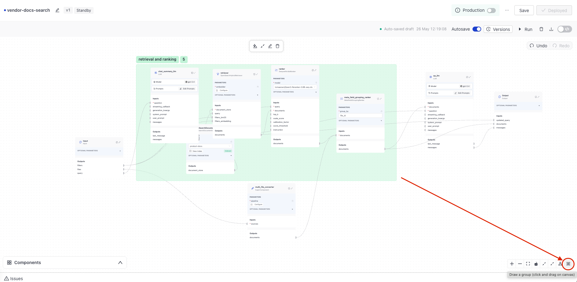 The Builder canvas with a group rectangle drawn around the components