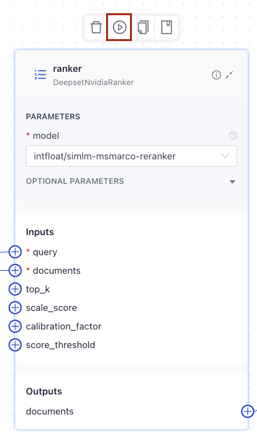 The Run button shown above the component card in Builder.