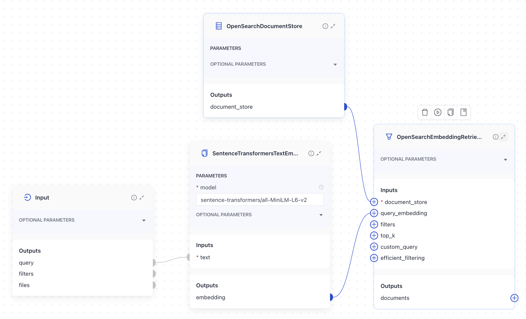 Input linked to text embedder and text embedder's embedding linkes to retriever's query_embedding inpu