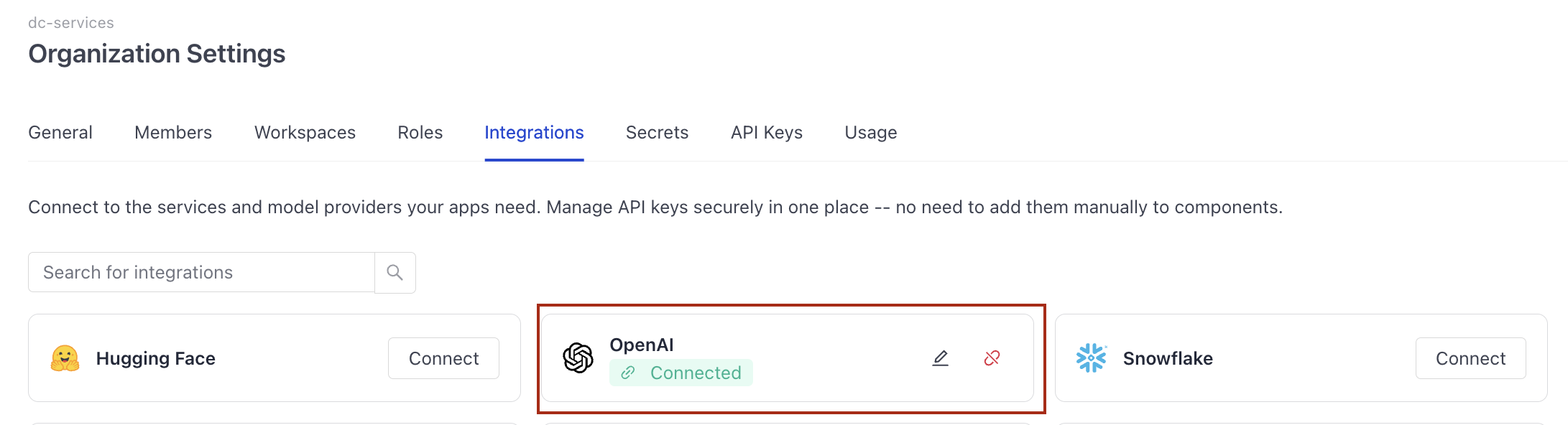 The integrations section with the OpenAI option showing as connected.