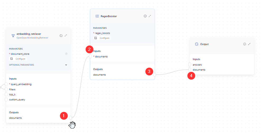 Retriever connected to RegexBooster and then RegexBooster connected to the Output component on Builder's canvas