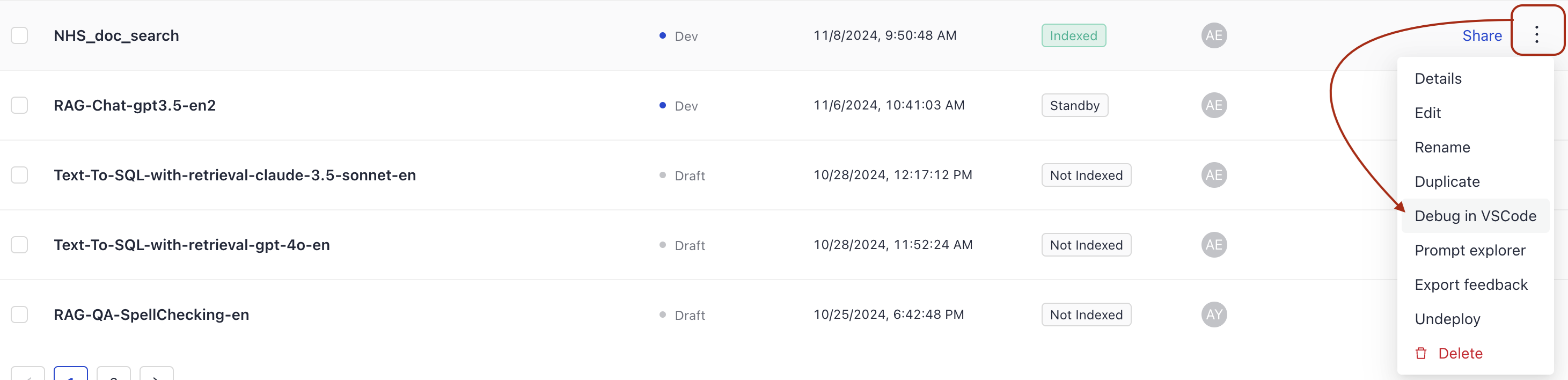 The debug in VSCode option highlighted in More Actions of a pipeline