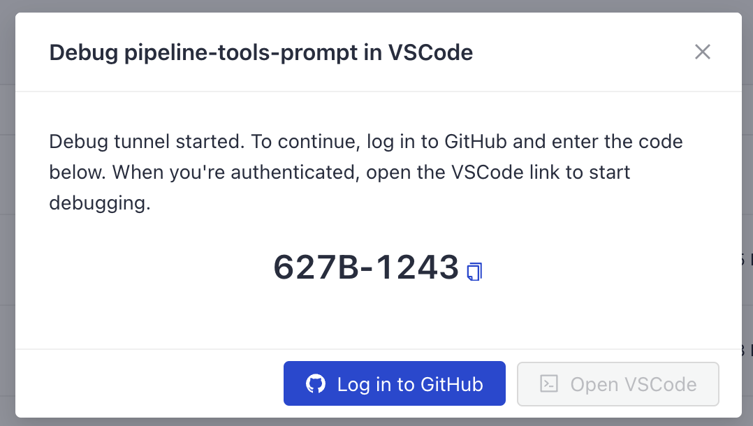 Debug tunnel started notification. It contains a link to GitHub with the code to authenticate and a linke to vs code.