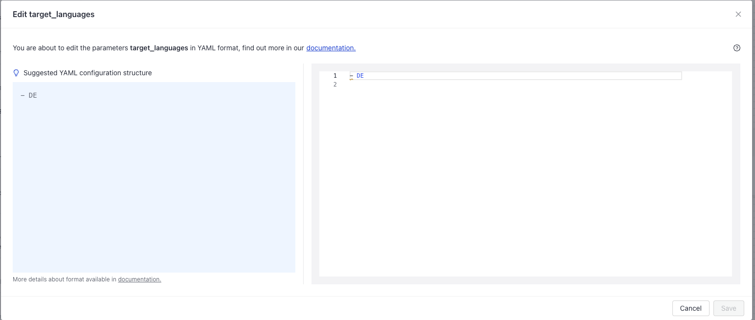 Target languages configuration window