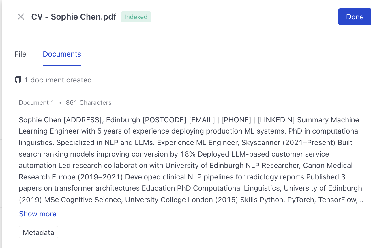 The document preview with the sensitive information masked