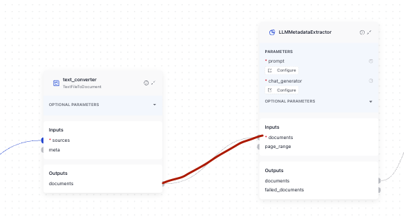 The documents output of the text_converter component connected to the documents input of the LLMMetadataExtractor component