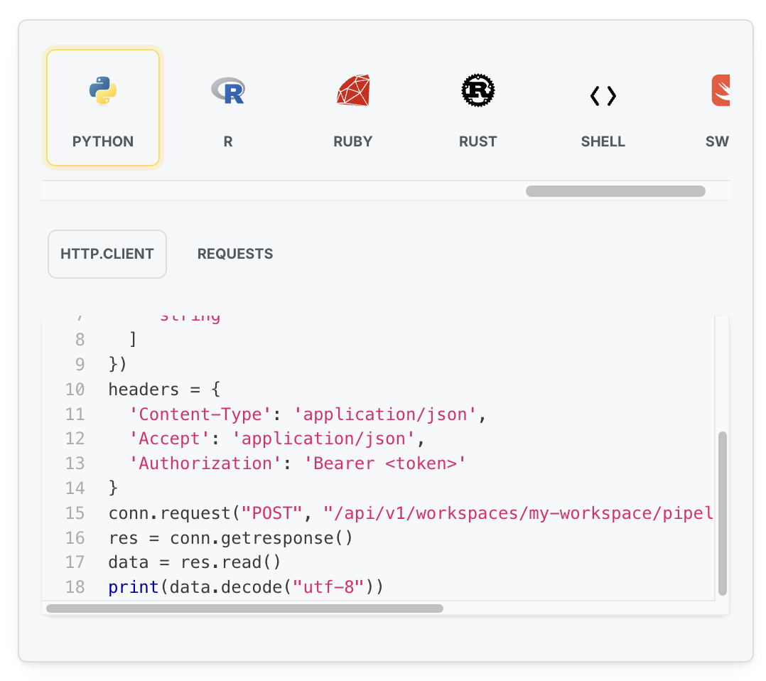 Language selection in the API documentation