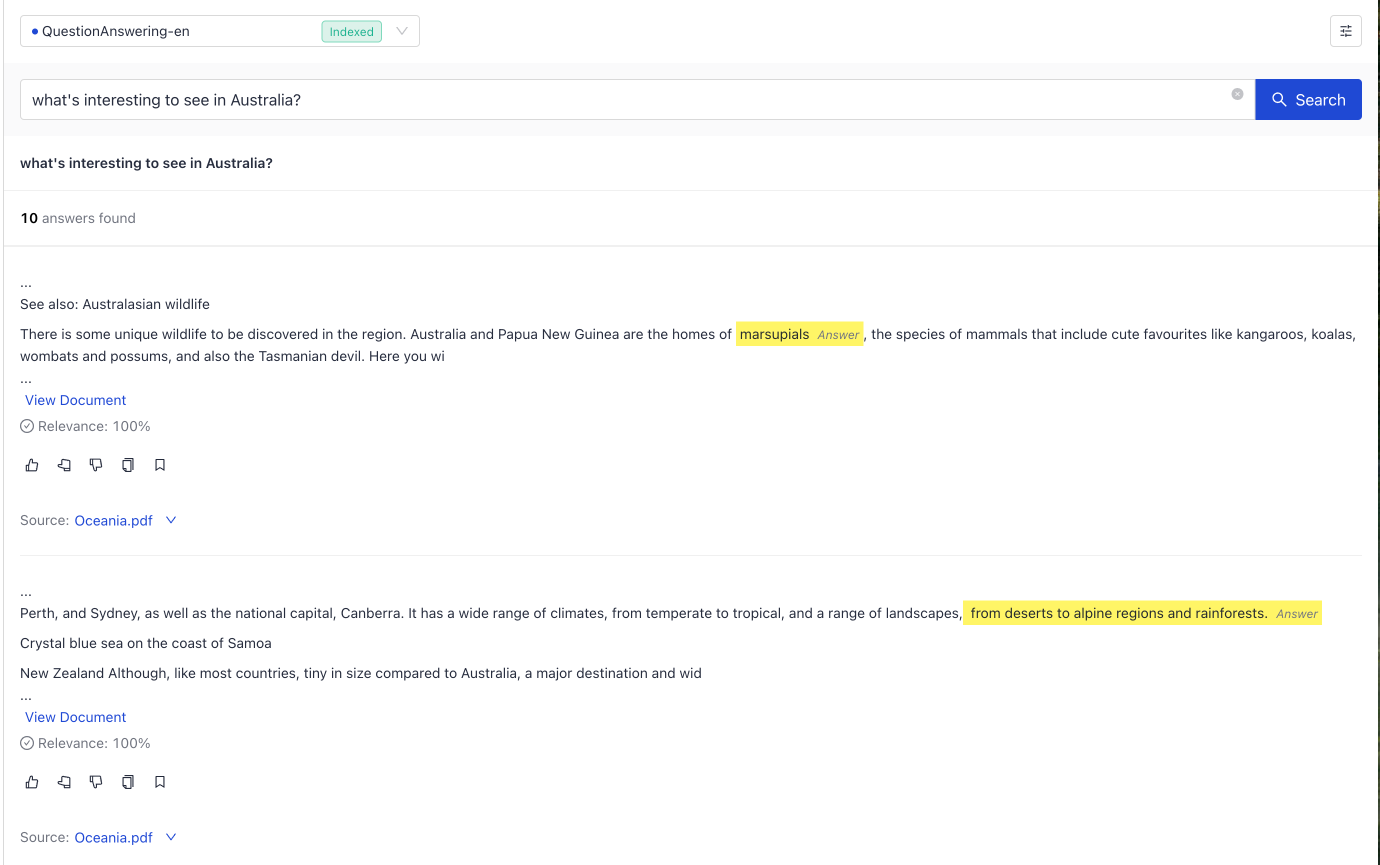 Playground for an extractive pipeline. The query input field is at the top and the extracted answers show below it
