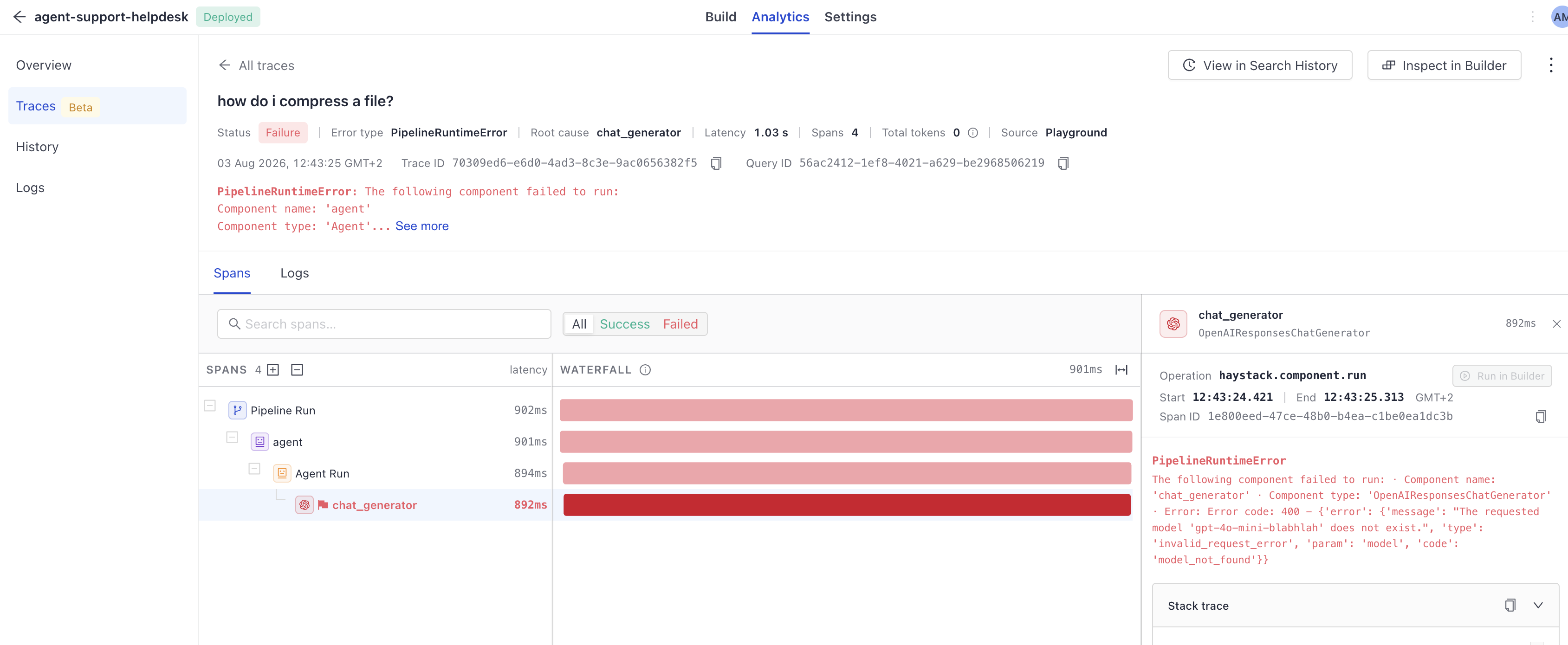 A failed pipeline run trace with the root cause component flagged