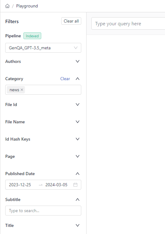 Metadata keys shown as filters in Playground