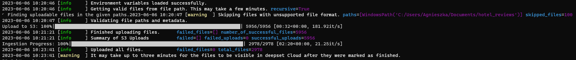 A console with a message informing about successful upload.