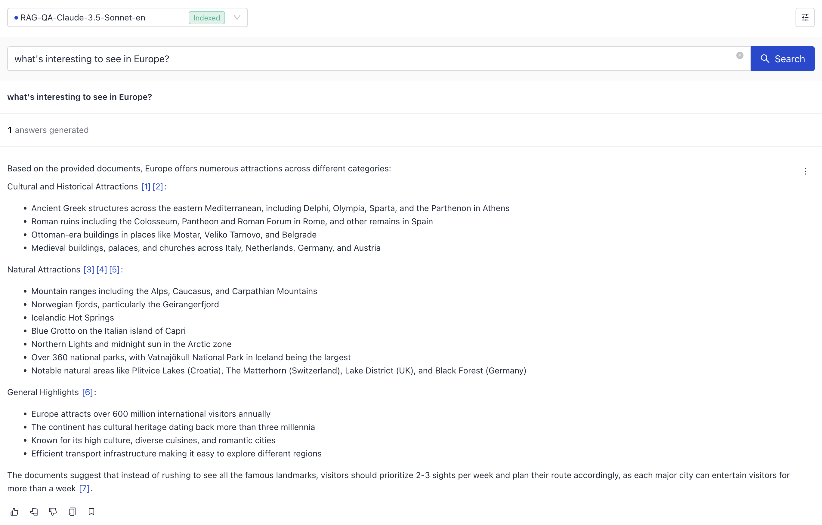 The Playground for a generative pipeline. The query input field is at the top and the answers are displayed below it.