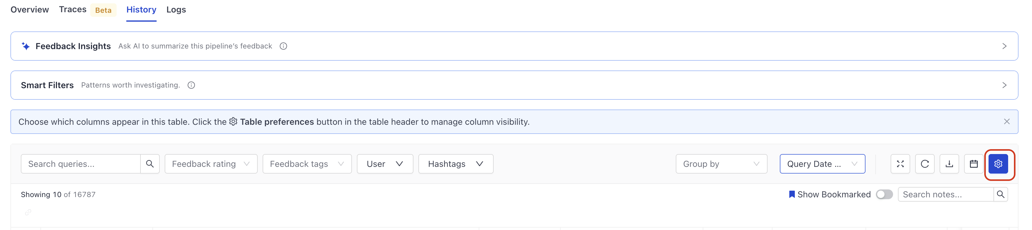 The Manage table preferences window