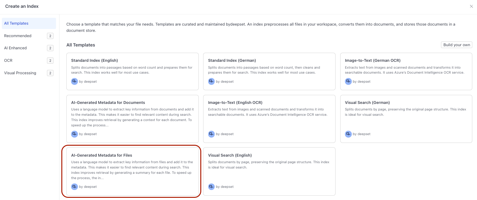 Index templates page with the AI-Generated Metadata for Files template highlighted