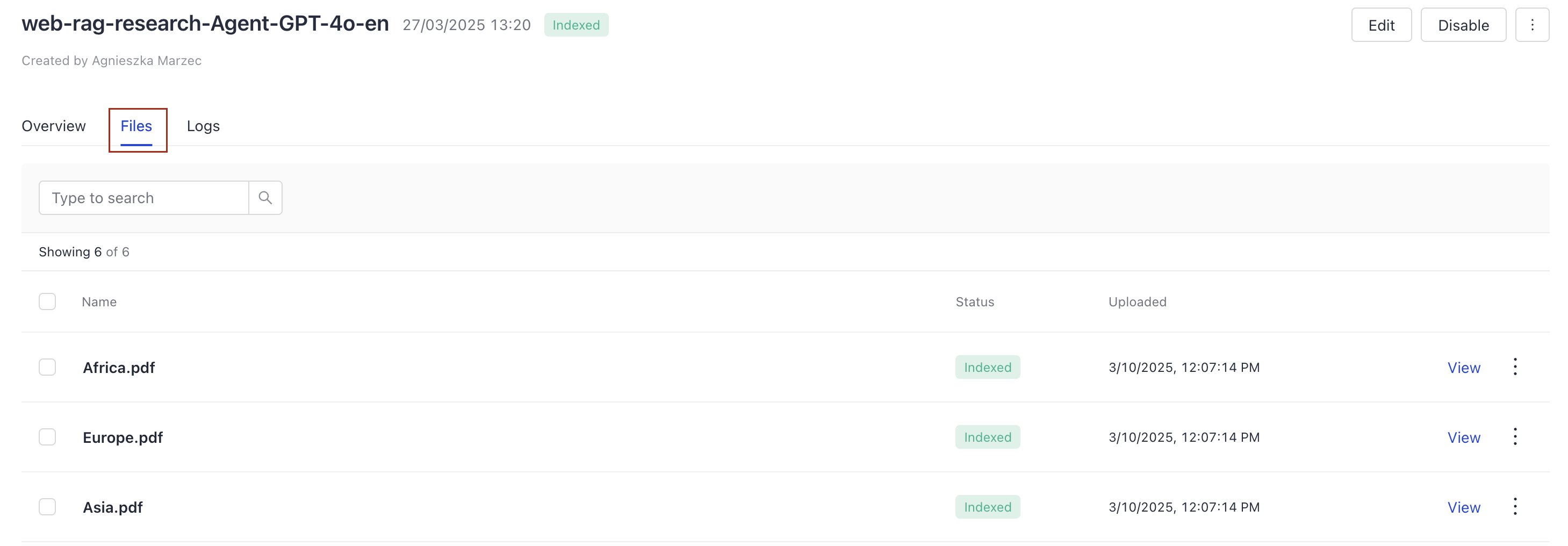 The Files tab on the index details page.