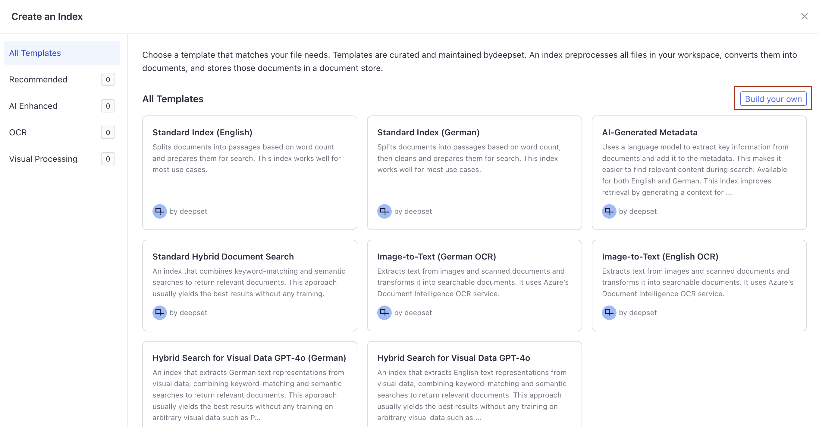 The Build your own index button on the Idexes page