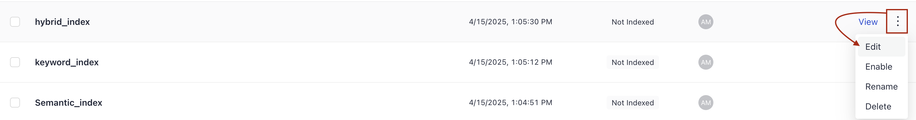The edit index option in the More Actions menu