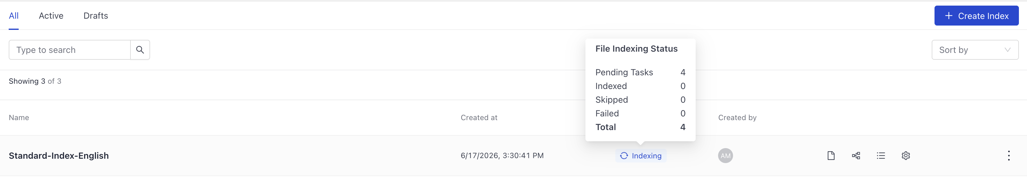 The task status label on the Indexes page