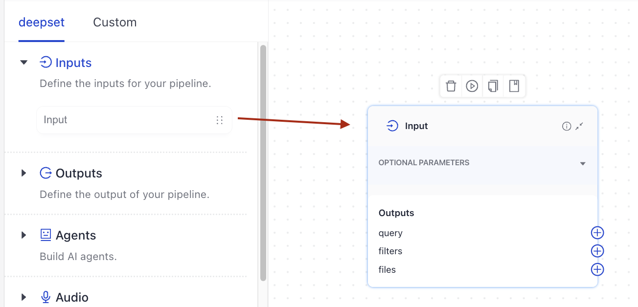 The FilesInput component from the Inputs group in Builder added as the first component of an index