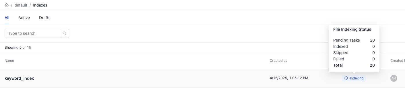 The task status label on the Indexes page