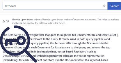 A screenshot of the search field with the keyword retriever in it and a document text fetched as a result. Over the document text, there's a navy blue magnifying glass icon.