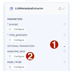 The Configure option under the expected keys parameter of the LLMMetadataExtractor component