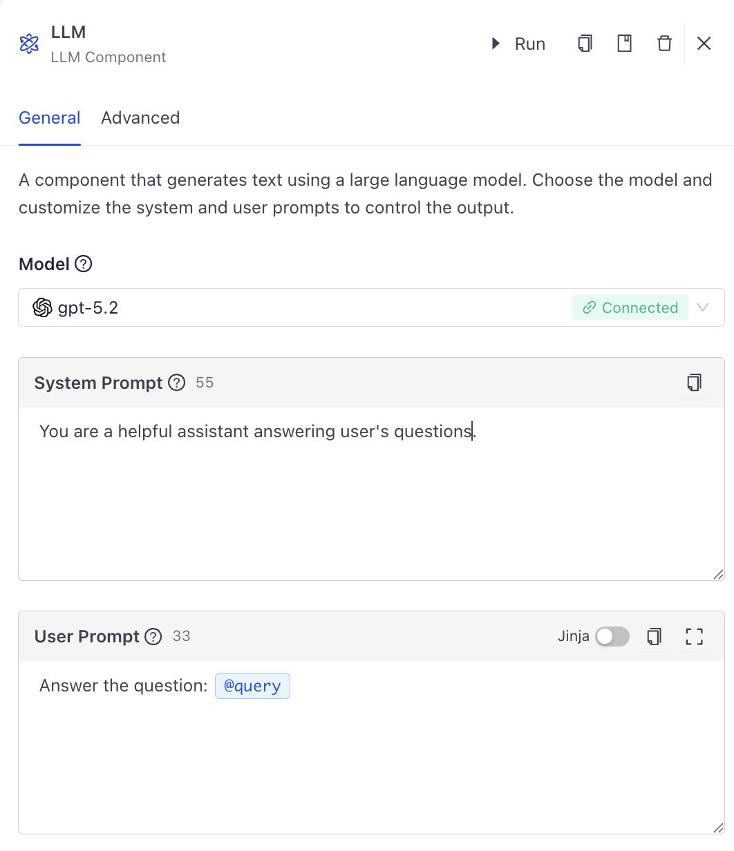 The LLM component with prompts configured.