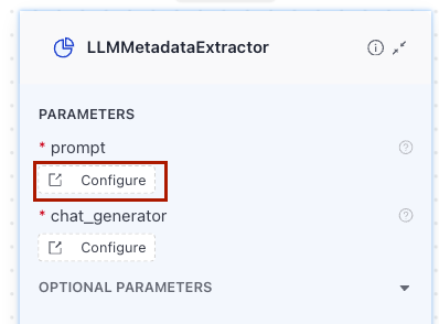 The Configure option under the prompt parameter of the LLMMetadataExtractor component