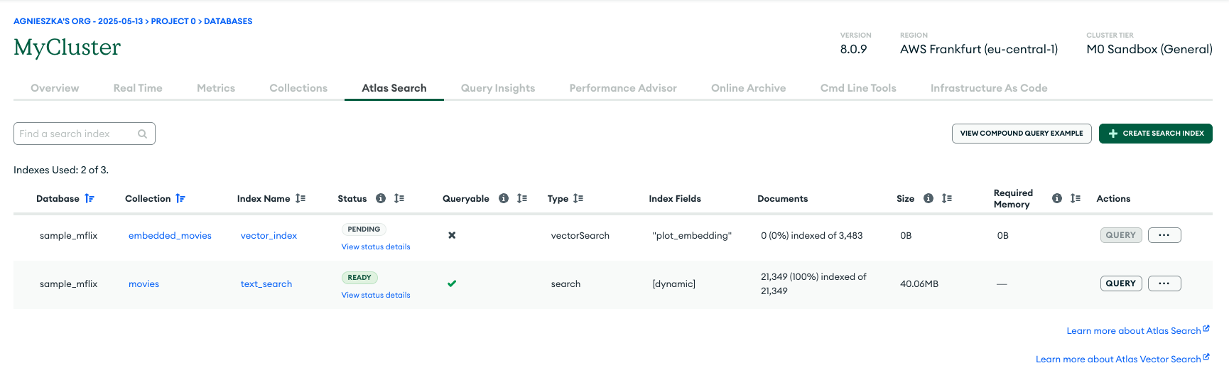 The Alas dashboard with both indexes visible