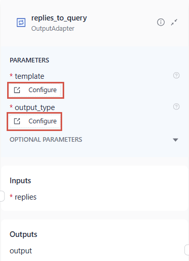 The OutputAdapter component card with the template and output_type parametrers highlighte