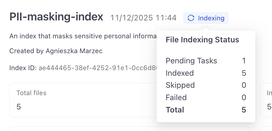 The index details page with the indexing status