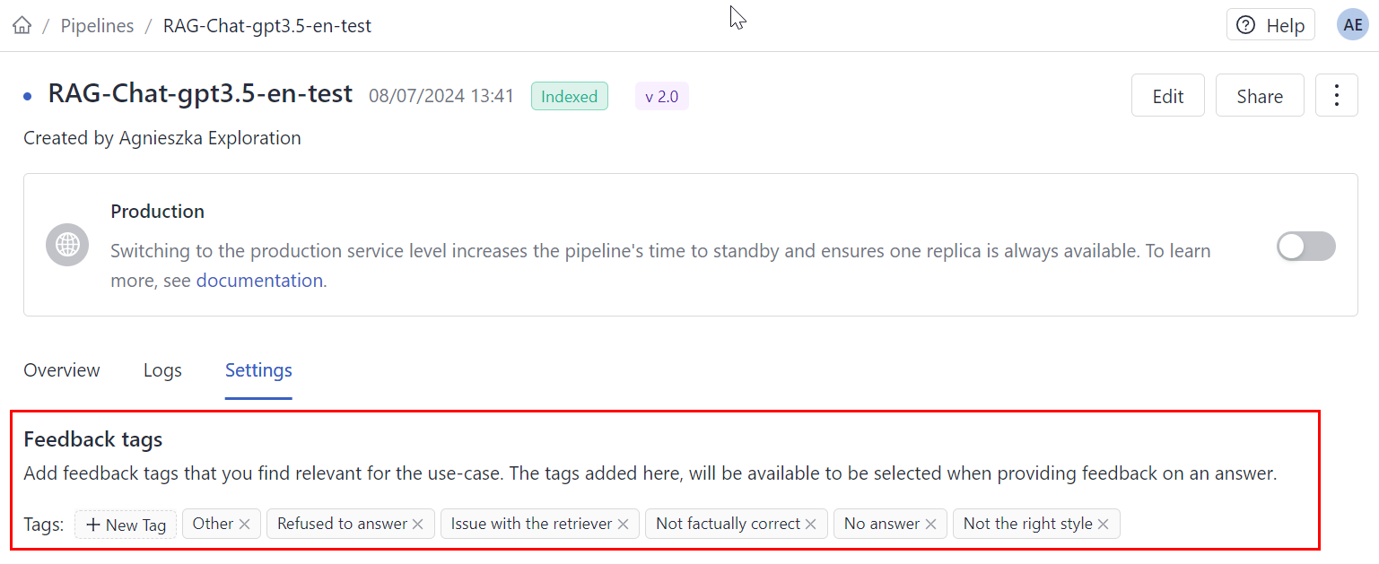 Adding tags on the Pipeline Details page in the Settings tab