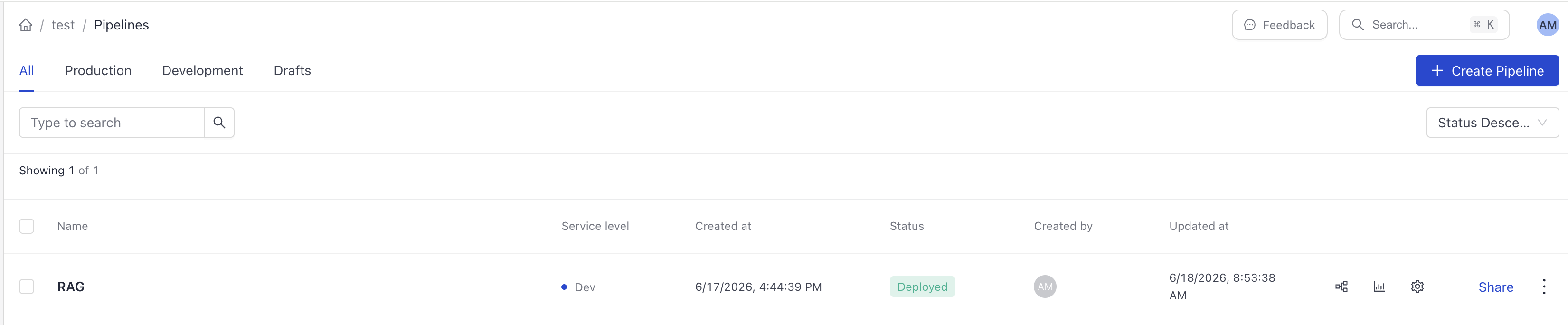 The pipelines page with the generative QA pipeline showing as indexed