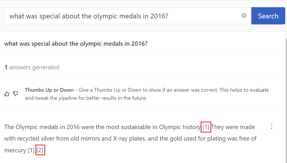 An answer on the Search page with references next to each sentence.