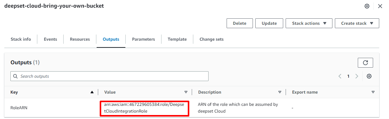 The AWS CloudFormation app with the stack for <ProductName /> role open on the Outputs tab and the value of the Role ARN highlighted.