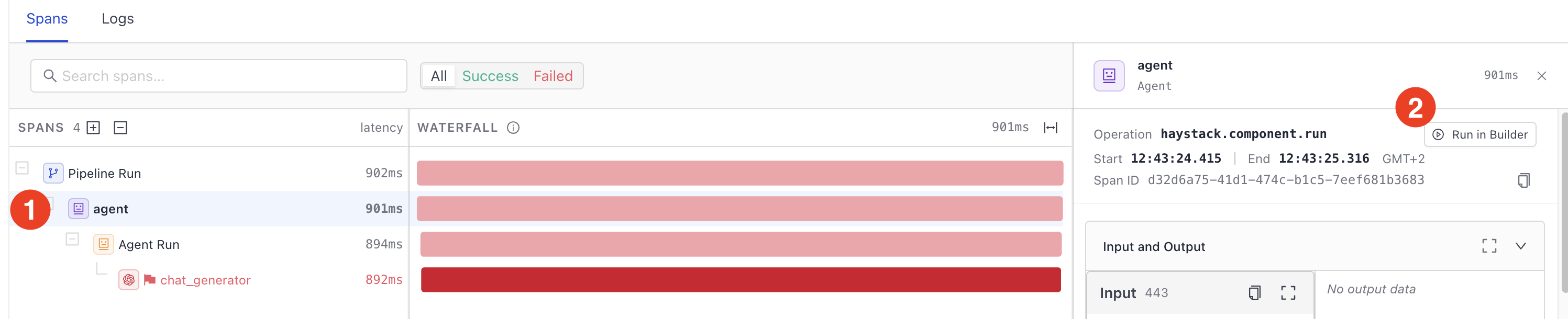 The Run in Builder button on a failed span